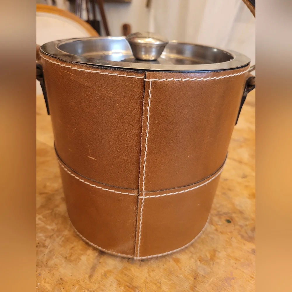 Pottery Barn Brown Leather Ice Bucket with Handle